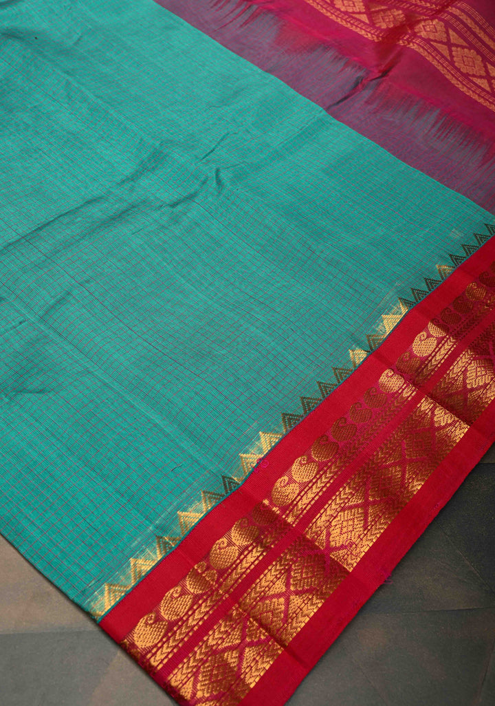 Korvai Handloom weave Dusty Teal and Red Kanchi Silk Cotton Saree with Contrast Borders