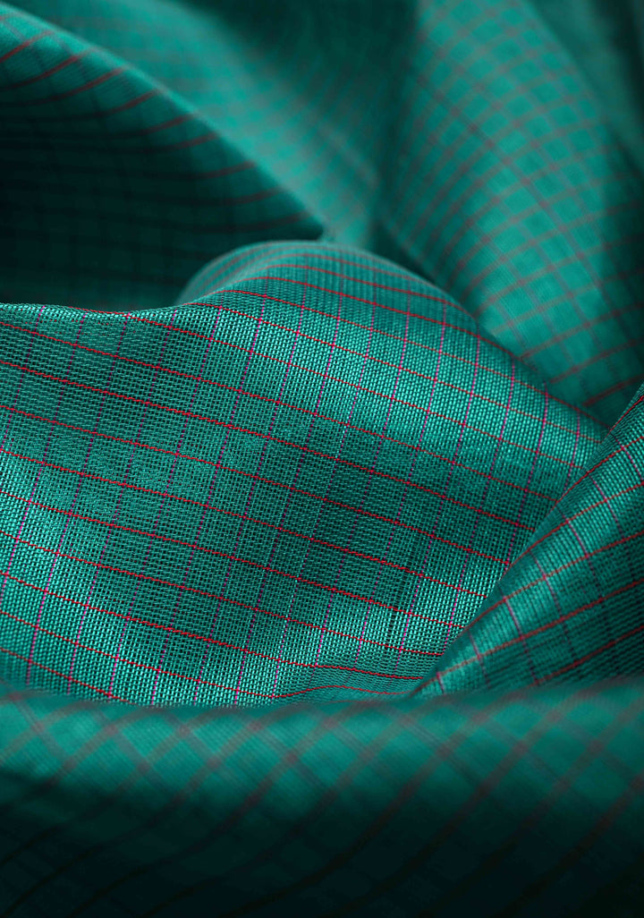 Korvai Handloom weave Dusty Teal and Red Kanchi Silk Cotton Saree with Contrast Borders