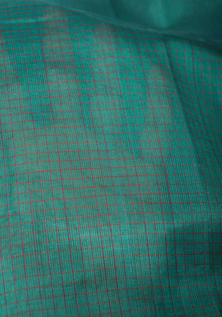 Korvai Handloom weave Dusty Teal and Red Kanchi Silk Cotton Saree with Contrast Borders