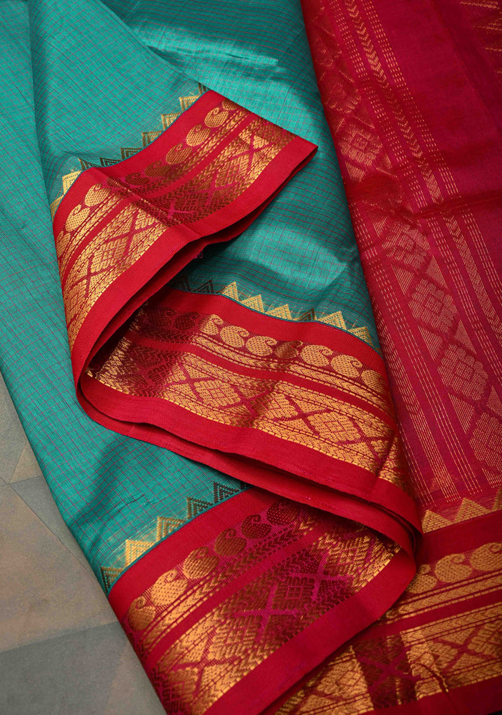 Korvai Handloom weave Dusty Teal and Red Kanchi Silk Cotton Saree with Contrast Borders