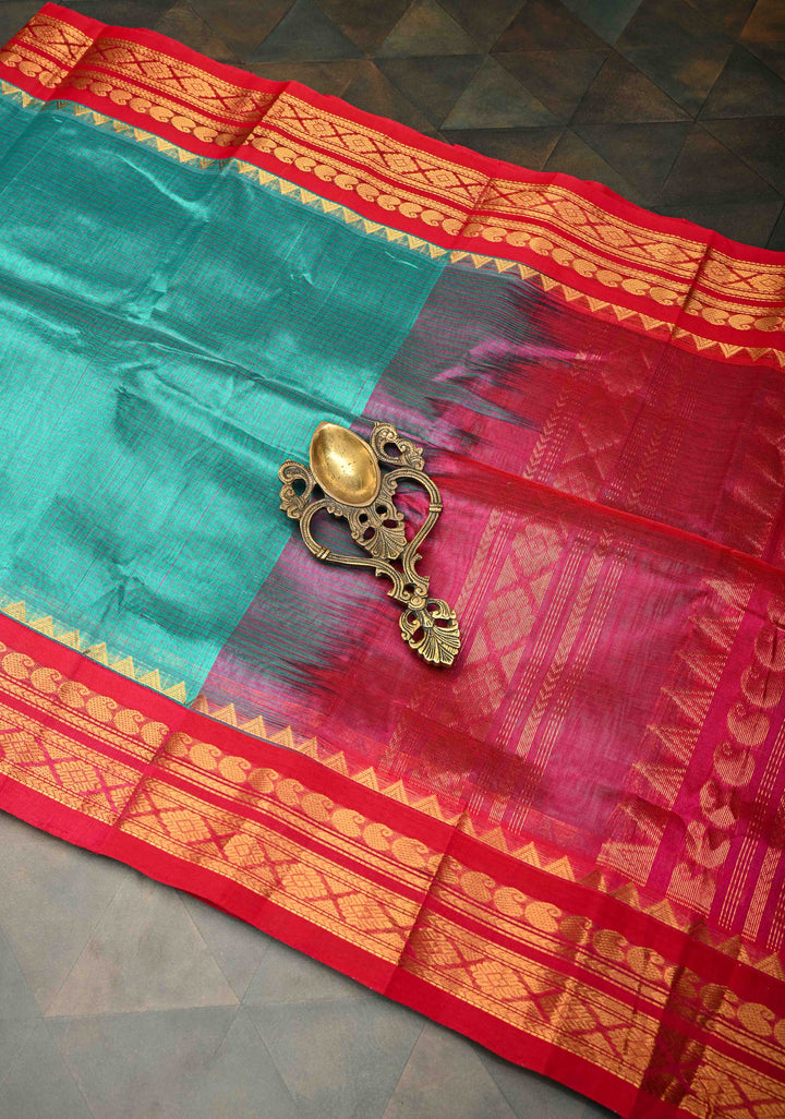 Korvai Handloom weave Dusty Teal and Red Kanchi Silk Cotton Saree with Contrast Borders