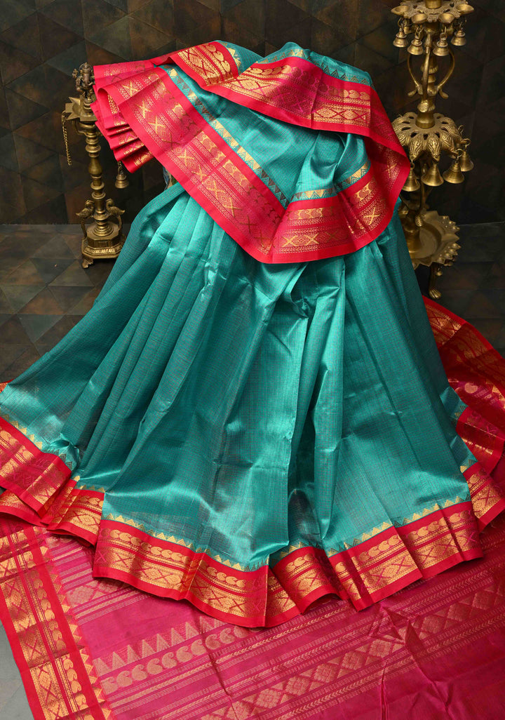 Korvai Handloom weave Dusty Teal and Red Kanchi Silk Cotton Saree with Contrast Borders