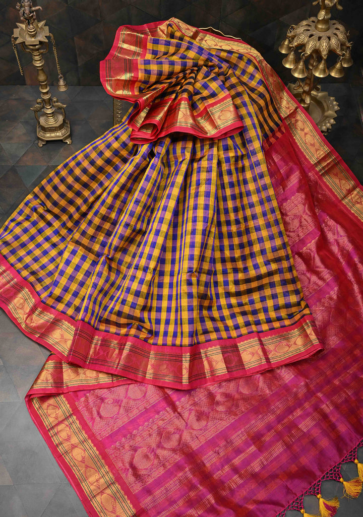 Yellow And Blue Checks Pattern Kanchi Silk Cotton 100% Handloom Saree with Contrast Zari Border