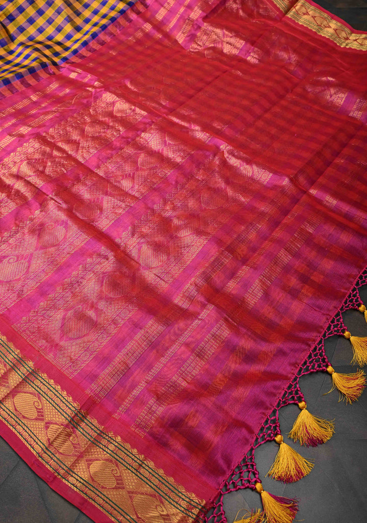 Yellow And Blue Checks Pattern Kanchi Silk Cotton 100% Handloom Saree with Contrast Zari Border