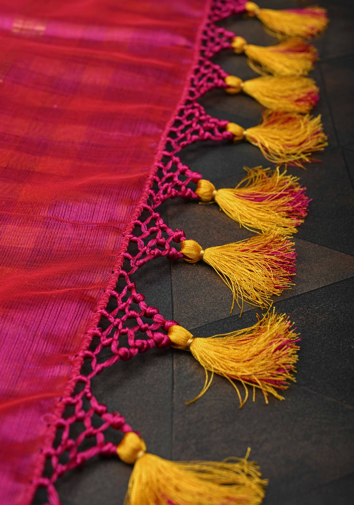 Yellow And Blue Checks Pattern Kanchi Silk Cotton 100% Handloom Saree with Contrast Zari Border