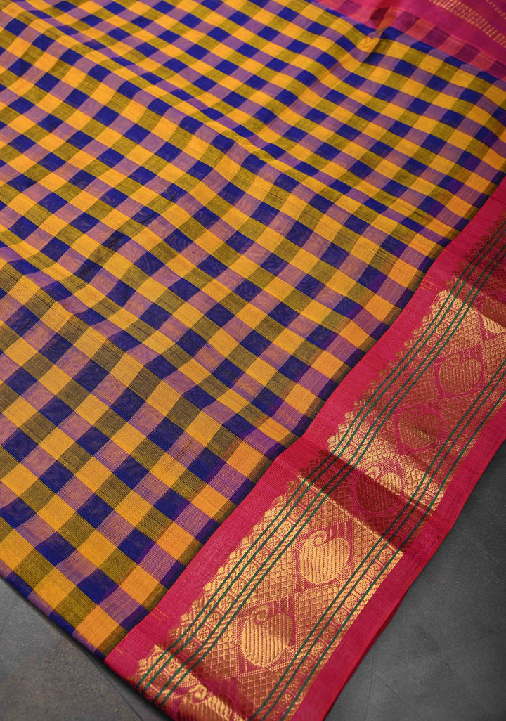 Yellow And Blue Checks Pattern Kanchi Silk Cotton 100% Handloom Saree with Contrast Zari Border