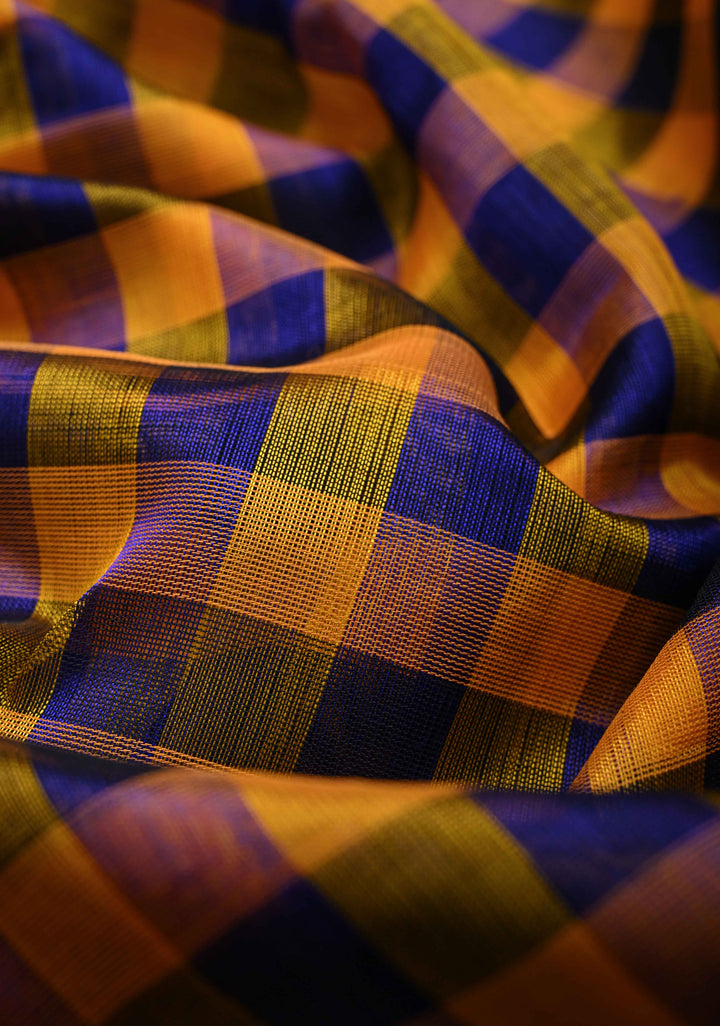 Yellow And Blue Checks Pattern Kanchi Silk Cotton 100% Handloom Saree with Contrast Zari Border