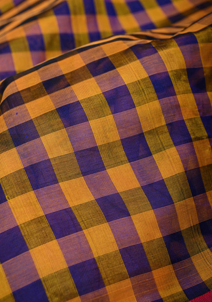 Yellow And Blue Checks Pattern Kanchi Silk Cotton 100% Handloom Saree with Contrast Zari Border