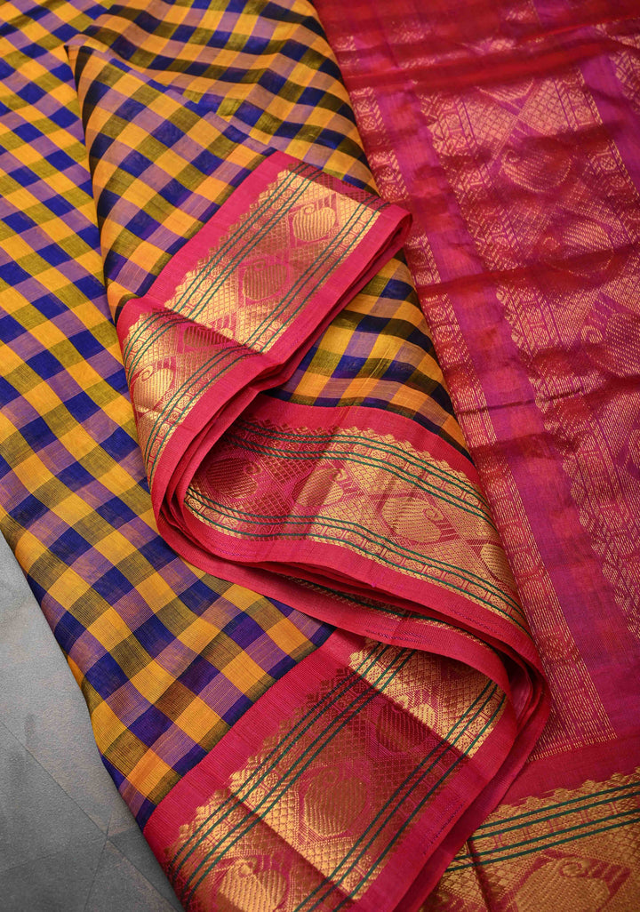 Yellow And Blue Checks Pattern Kanchi Silk Cotton 100% Handloom Saree with Contrast Zari Border