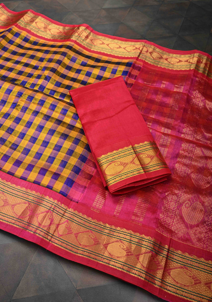 Yellow And Blue Checks Pattern Kanchi Silk Cotton 100% Handloom Saree with Contrast Zari Border