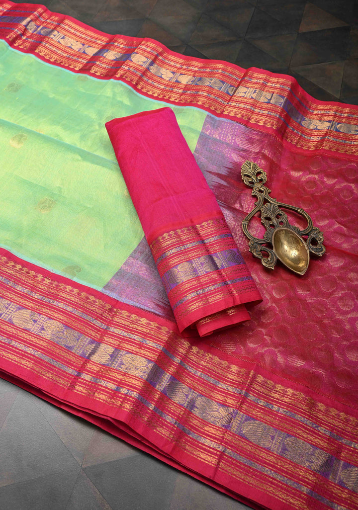 Tea Green Kanchi Silk Cotton 100% Handloom Saree with Zari Buttas and Contrast Zari Border