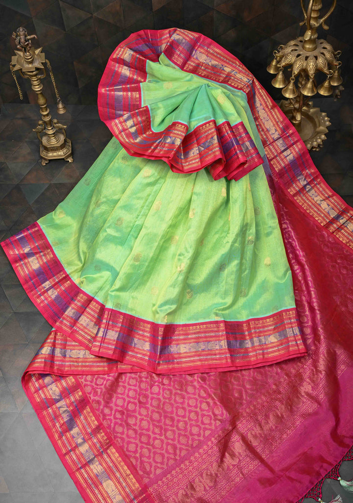 Tea Green Kanchi Silk Cotton 100% Handloom Saree with Zari Buttas and Contrast Zari Border