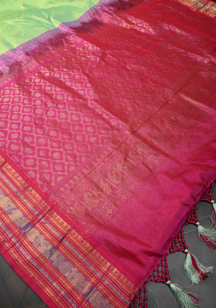 Tea Green Kanchi Silk Cotton 100% Handloom Saree with Zari Buttas and Contrast Zari Border