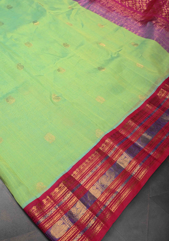 Tea Green Kanchi Silk Cotton 100% Handloom Saree with Zari Buttas and Contrast Zari Border