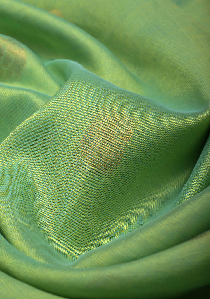 Tea Green Kanchi Silk Cotton 100% Handloom Saree with Zari Buttas and Contrast Zari Border