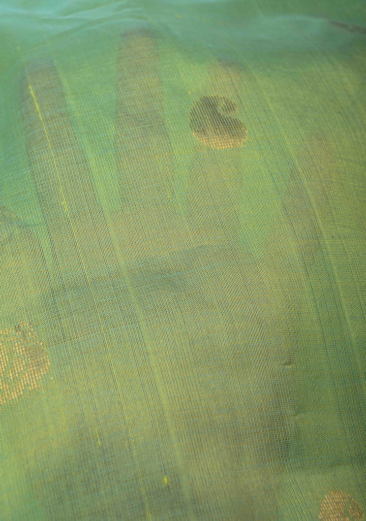 Tea Green Kanchi Silk Cotton 100% Handloom Saree with Zari Buttas and Contrast Zari Border
