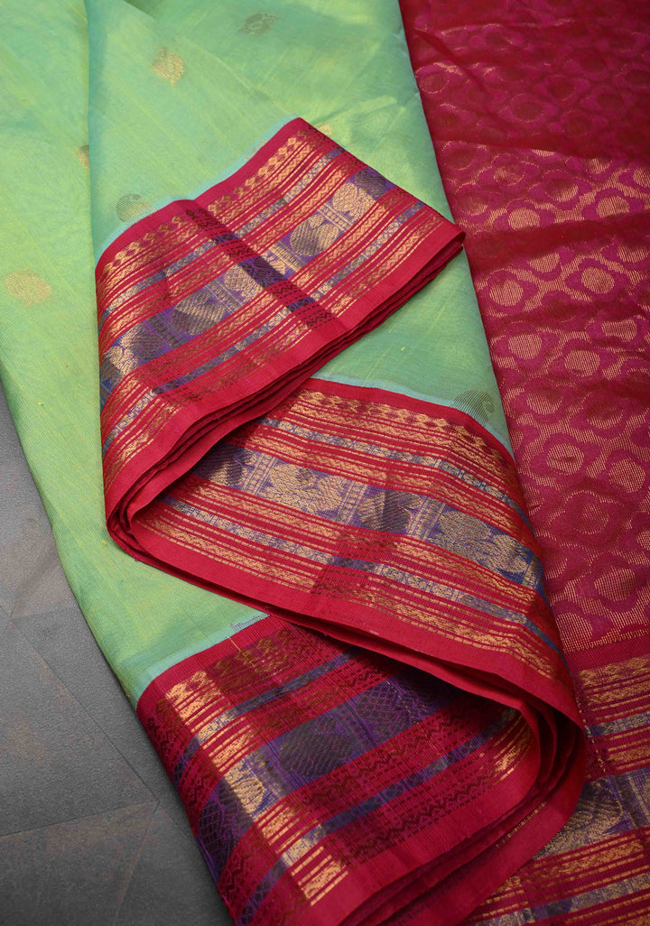 Tea Green Kanchi Silk Cotton 100% Handloom Saree with Zari Buttas and Contrast Zari Border