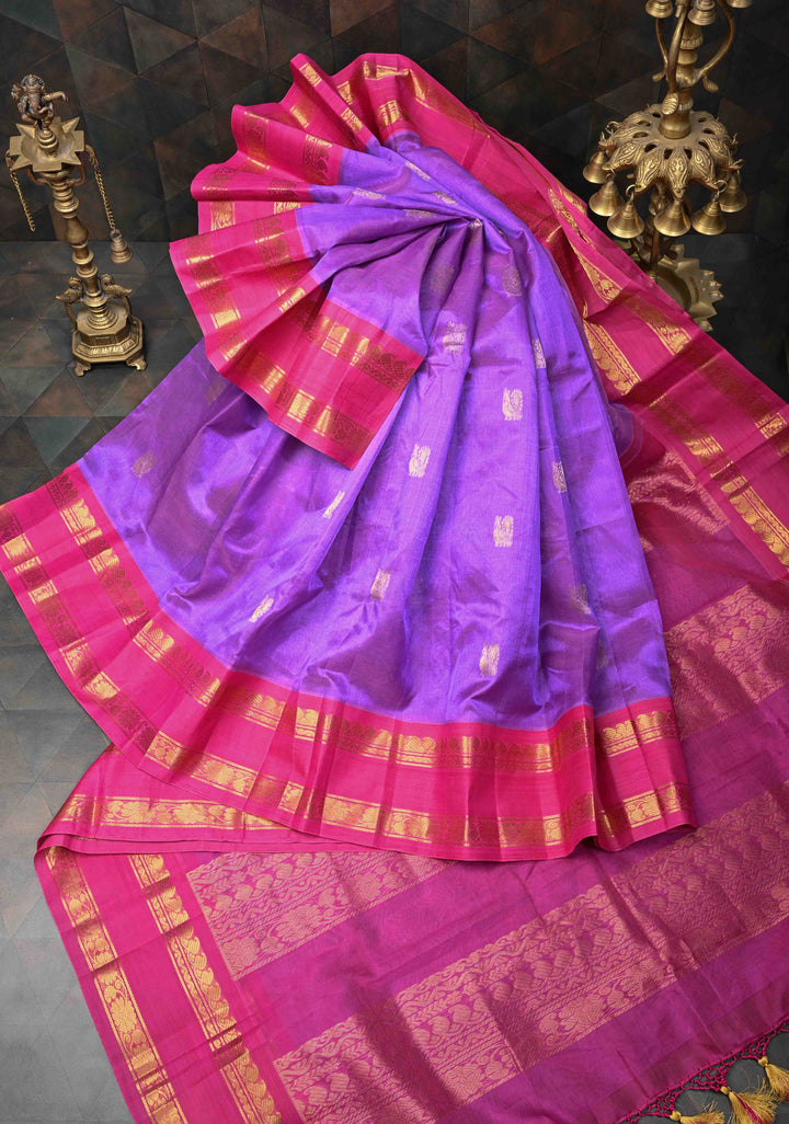 Purple Kanchi Silk Cotton Saree with Peacock Motifs and Contrast Rettaipet Border,100% handloom