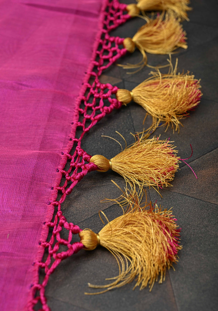 Purple Kanchi Silk Cotton Saree with Peacock Motifs and Contrast Rettaipet Border,100% handloom