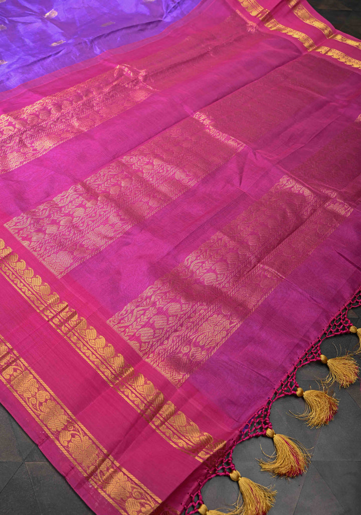 Purple Kanchi Silk Cotton Saree with Peacock Motifs and Contrast Rettaipet Border,100% handloom