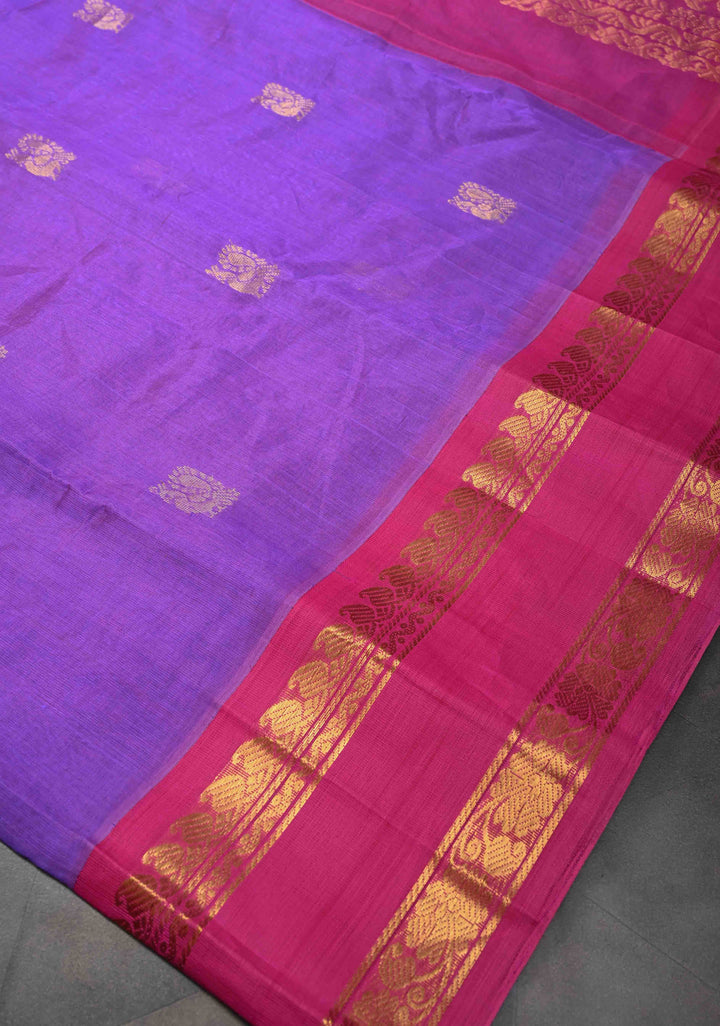Purple Kanchi Silk Cotton Saree with Peacock Motifs and Contrast Rettaipet Border,100% handloom