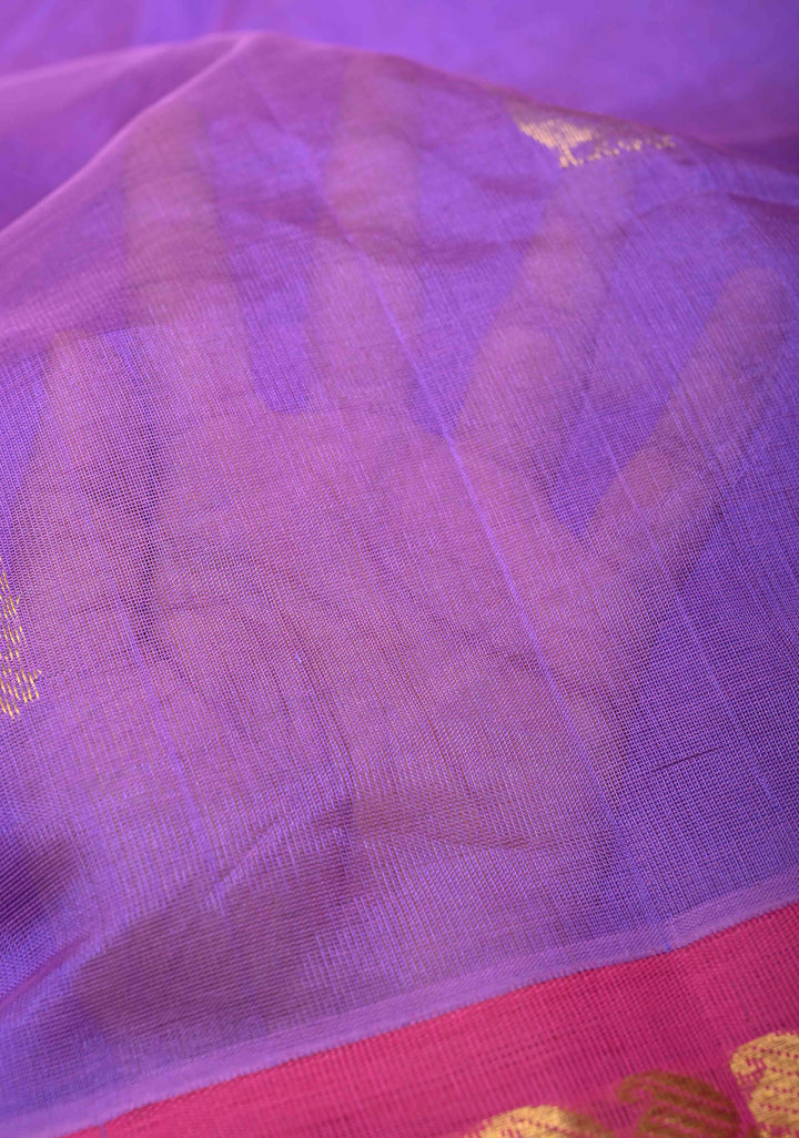 Purple Kanchi Silk Cotton Saree with Peacock Motifs and Contrast Rettaipet Border,100% handloom