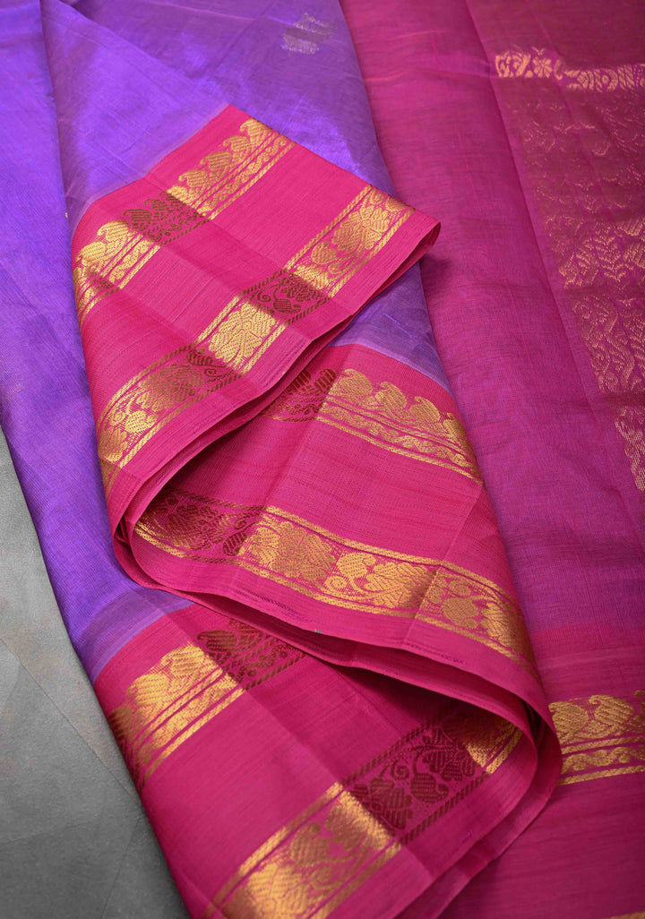 Purple Kanchi Silk Cotton Saree with Peacock Motifs and Contrast Rettaipet Border,100% handloom