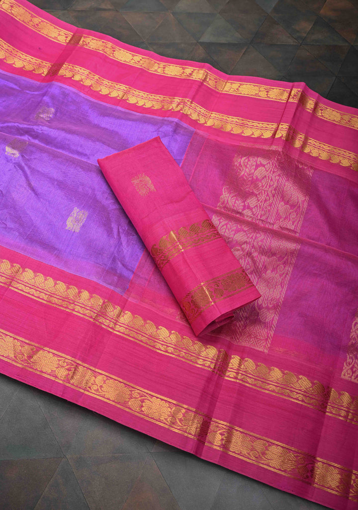 Purple Kanchi Silk Cotton Saree with Peacock Motifs and Contrast Rettaipet Border,100% handloom