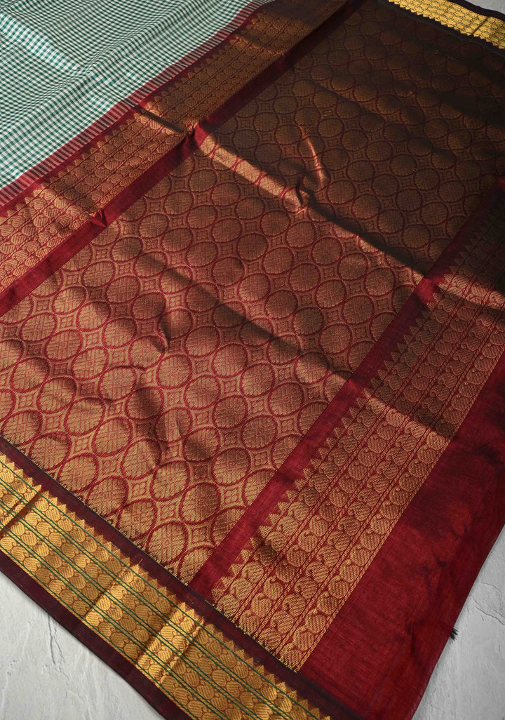 White-Green Checks Kanchi Silk Cotton 100% Handloom Saree with Contrast Zari Border