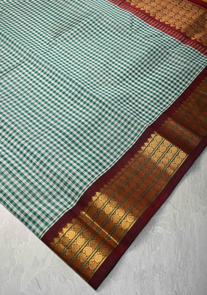 White-Green Checks Kanchi Silk Cotton 100% Handloom Saree with Contrast Zari Border