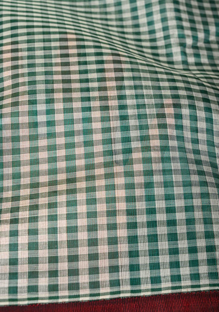 White-Green Checks Kanchi Silk Cotton 100% Handloom Saree with Contrast Zari Border