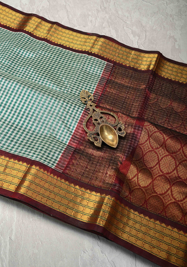White-Green Checks Kanchi Silk Cotton 100% Handloom Saree with Contrast Zari Border