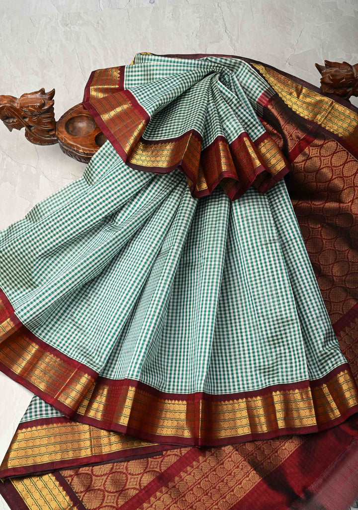 White-Green Checks Kanchi Silk Cotton 100% Handloom Saree with Contrast Zari Border