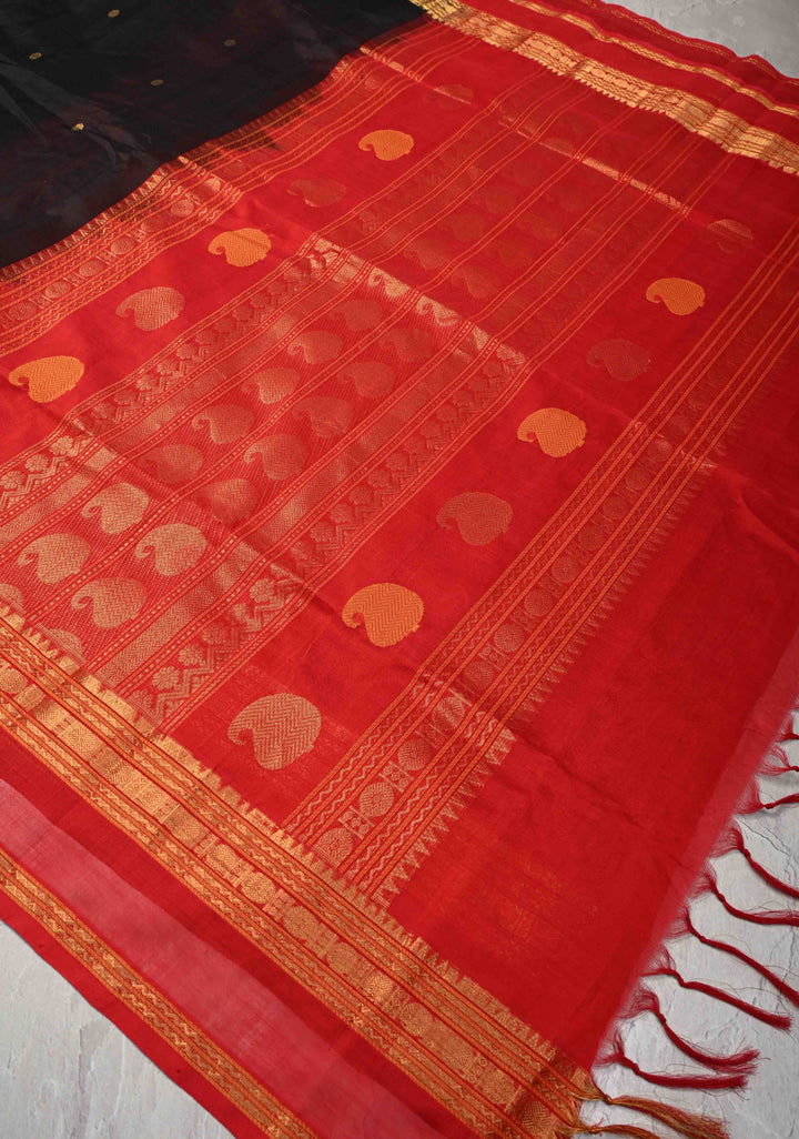 Black Kanchi Silk Cotton Handloom Saree with Polka Buttas and Contrast Zari Border