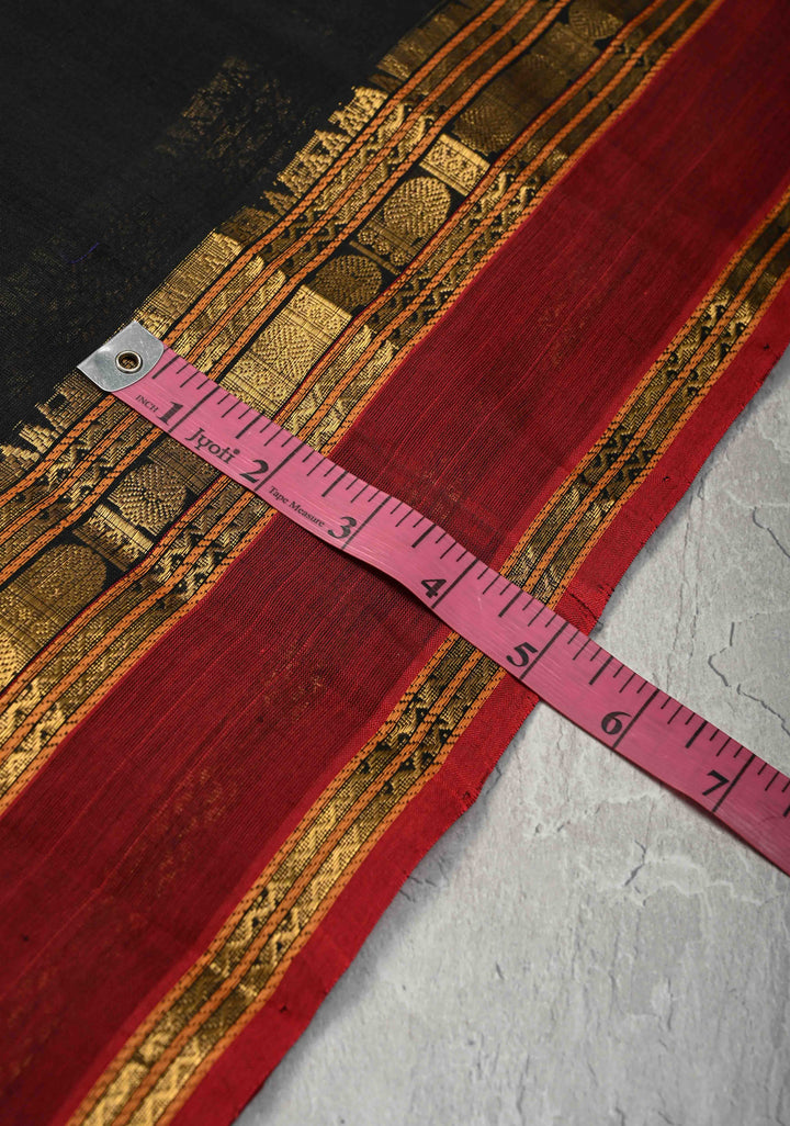 Black Kanchi Silk Cotton Handloom Saree with Polka Buttas and Contrast Zari Border