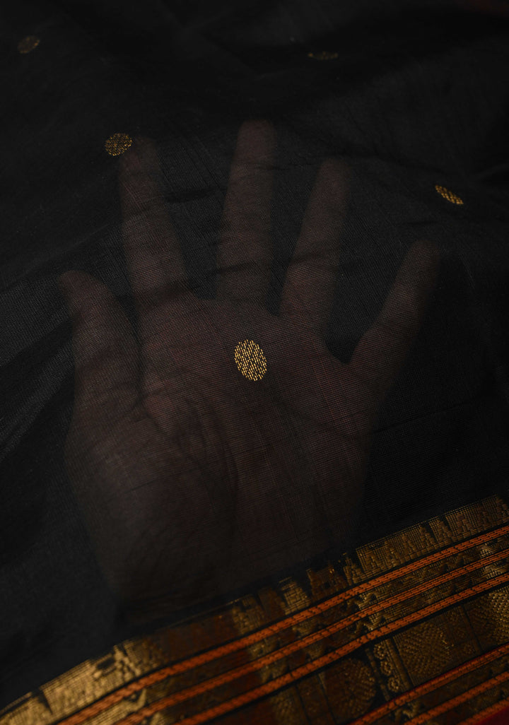 Black Kanchi Silk Cotton Handloom Saree with Polka Buttas and Contrast Zari Border