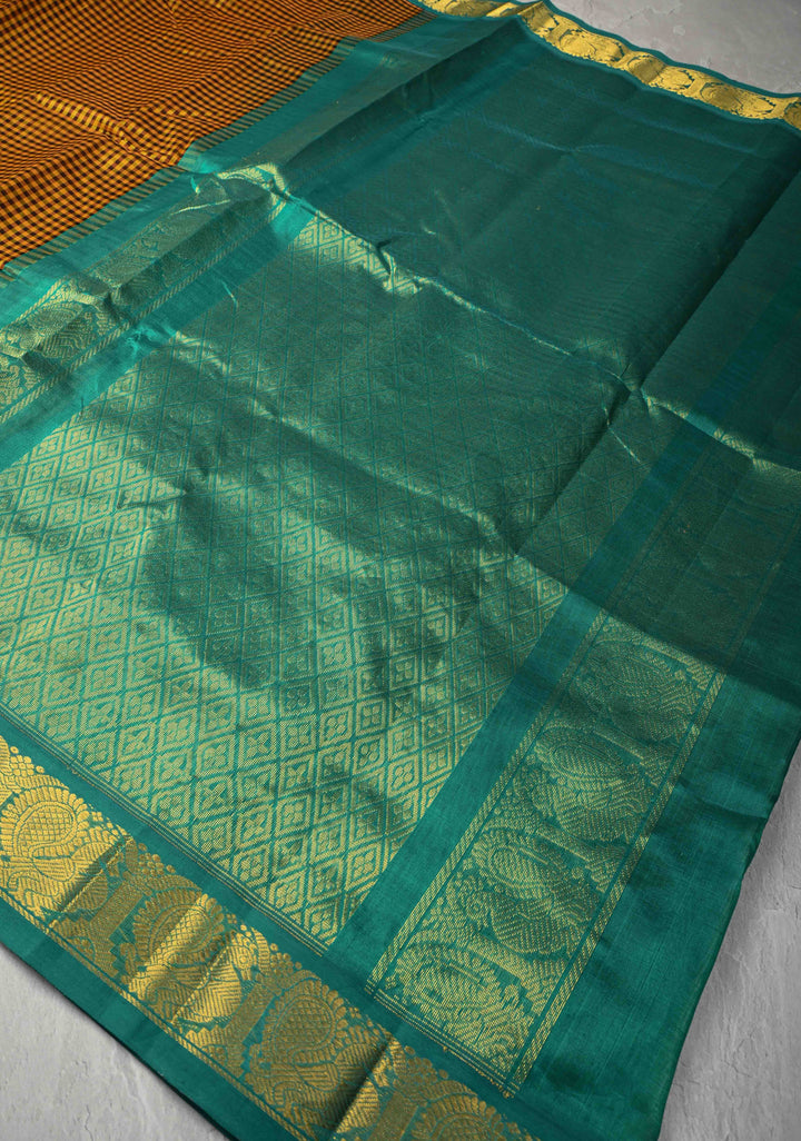 Yellow-Brown Gingham Checks Koravi Kanchi Silk Cotton 100% Handloom Saree with Contrast Zari Border