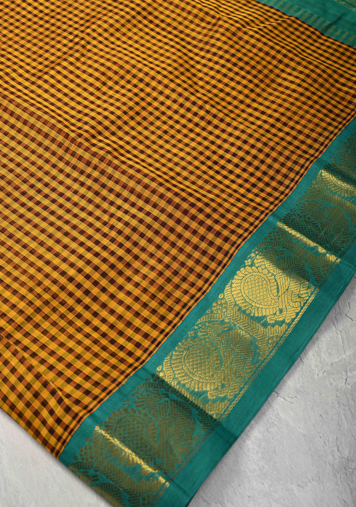 Yellow-Brown Gingham Checks Koravi Kanchi Silk Cotton 100% Handloom Saree with Contrast Zari Border