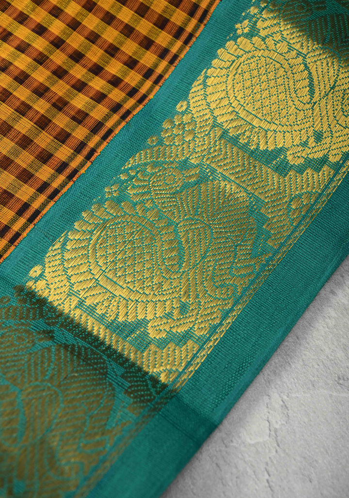 Yellow-Brown Gingham Checks Koravi Kanchi Silk Cotton 100% Handloom Saree with Contrast Zari Border
