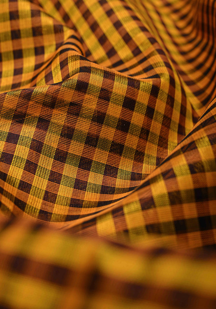 Yellow-Brown Gingham Checks Koravi Kanchi Silk Cotton 100% Handloom Saree with Contrast Zari Border
