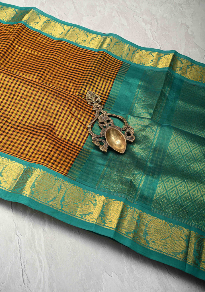 Yellow-Brown Gingham Checks Koravi Kanchi Silk Cotton 100% Handloom Saree with Contrast Zari Border