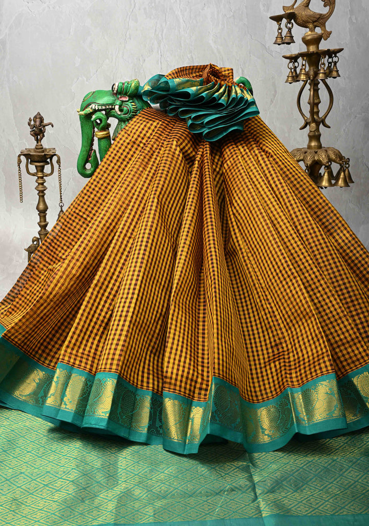 Yellow-Brown Gingham Checks Koravi Kanchi Silk Cotton 100% Handloom Saree with Contrast Zari Border