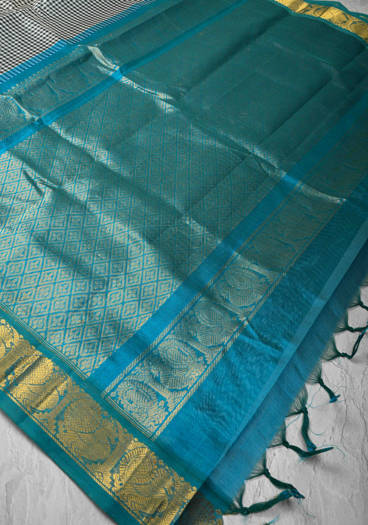 Black-White Gingham Checks Koravi Kanchi Silk Cotton 100% Handloom Saree with Contrast Zari Border