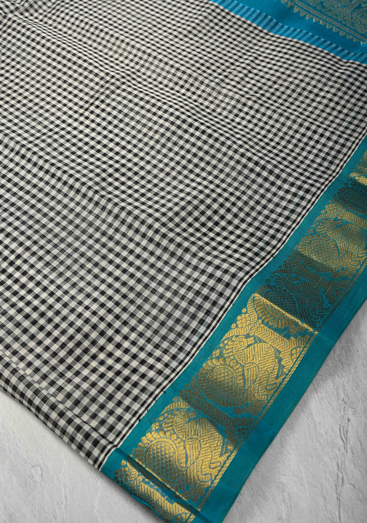 Black-White Gingham Checks Koravi Kanchi Silk Cotton 100% Handloom Saree with Contrast Zari Border