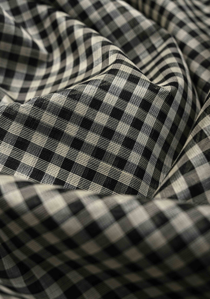 Black-White Gingham Checks Koravi Kanchi Silk Cotton 100% Handloom Saree with Contrast Zari Border