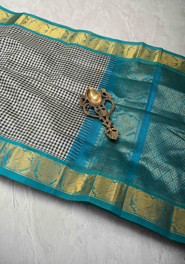 Black-White Gingham Checks Koravi Kanchi Silk Cotton 100% Handloom Saree with Contrast Zari Border