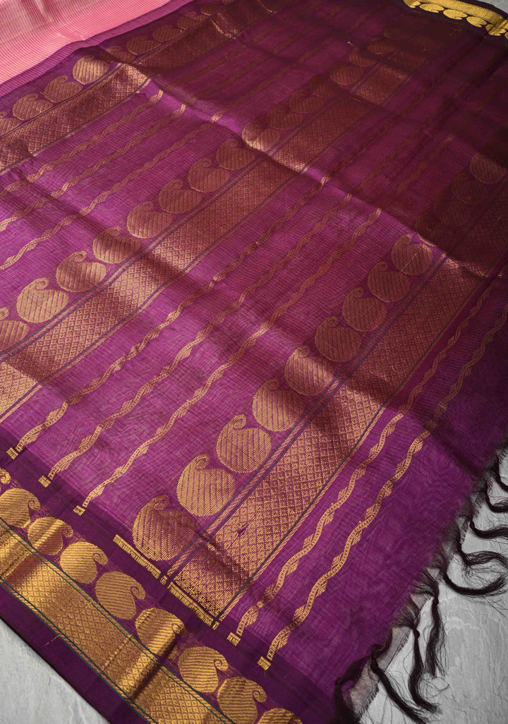 Rose Pink horizontal Stripes Kanchi Silk Cotton Saree with Korvai zari Border