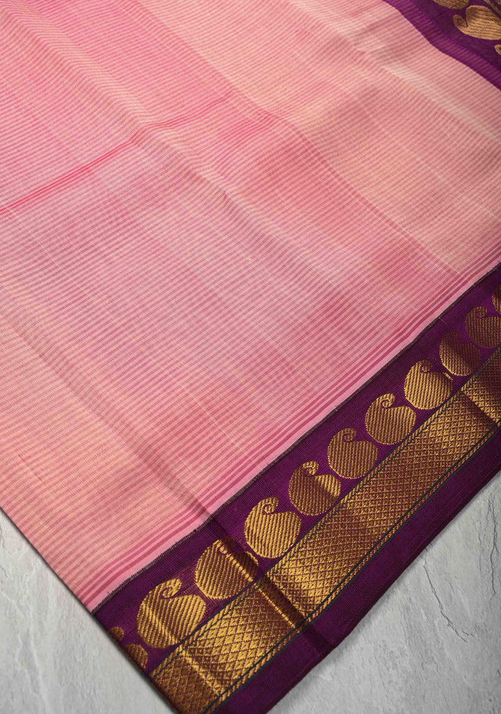 Rose Pink horizontal Stripes Kanchi Silk Cotton Saree with Korvai zari Border