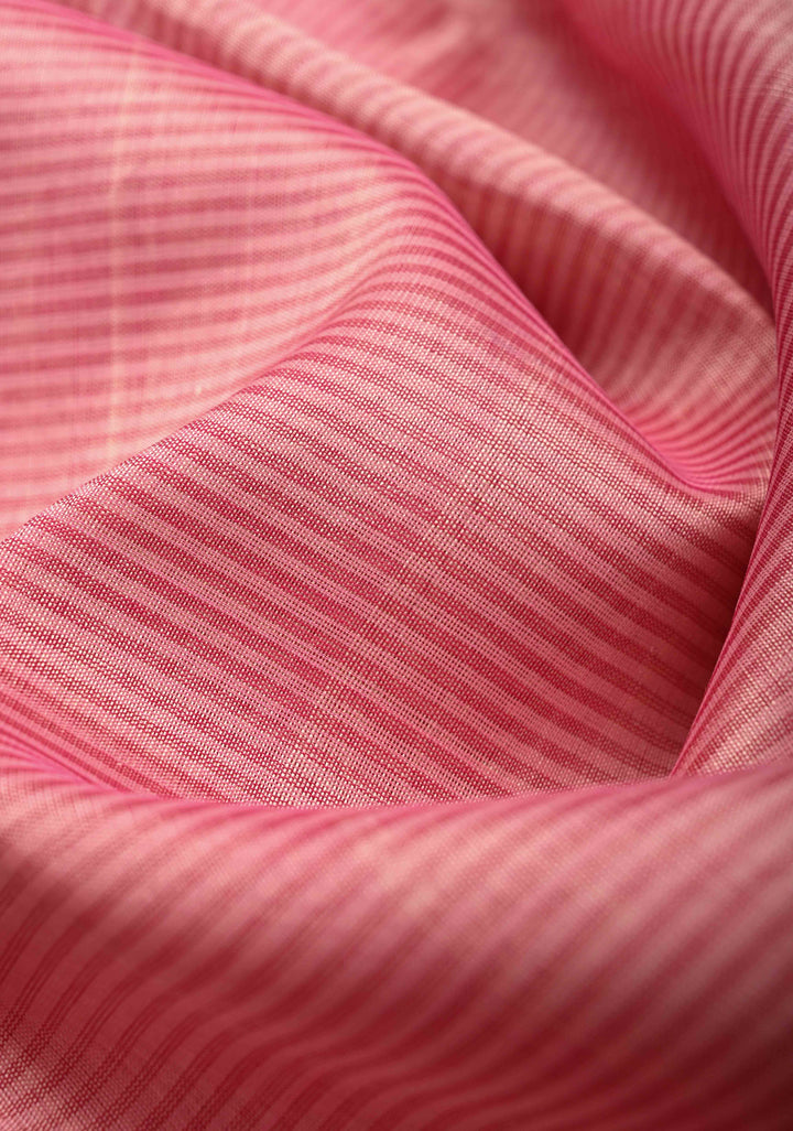 Rose Pink horizontal Stripes Kanchi Silk Cotton Saree with Korvai zari Border