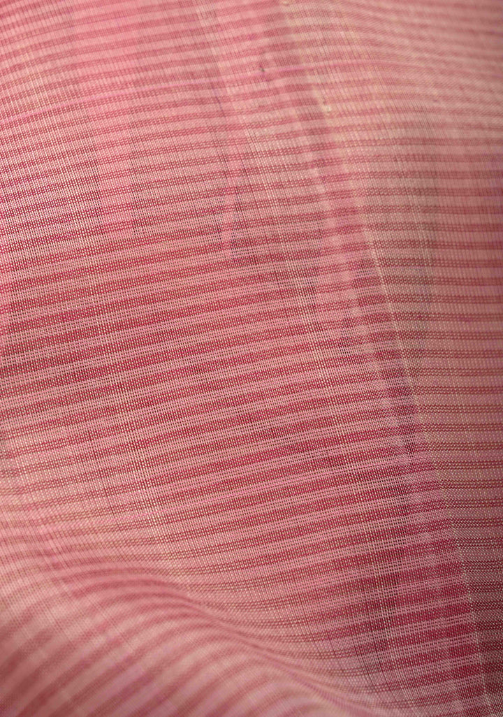 Rose Pink horizontal Stripes Kanchi Silk Cotton Saree with Korvai zari Border
